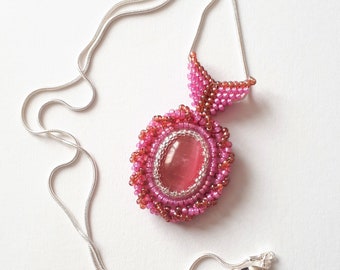 Pendant, Pink Cats Eye bead embroidered pendant on a silver tone chain , hand crafted by myself, one of a kind