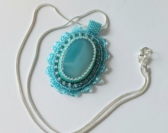 Pendant, Turquoise Blue Agate  Gemstone Bead Embroidered pendant  on a silver  tone chain, handcrafted  by myself, gift for her