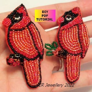 Bead Embroidery Tutorial - Bird Brooch,  Cardinal, PDF Download to make your own brooch