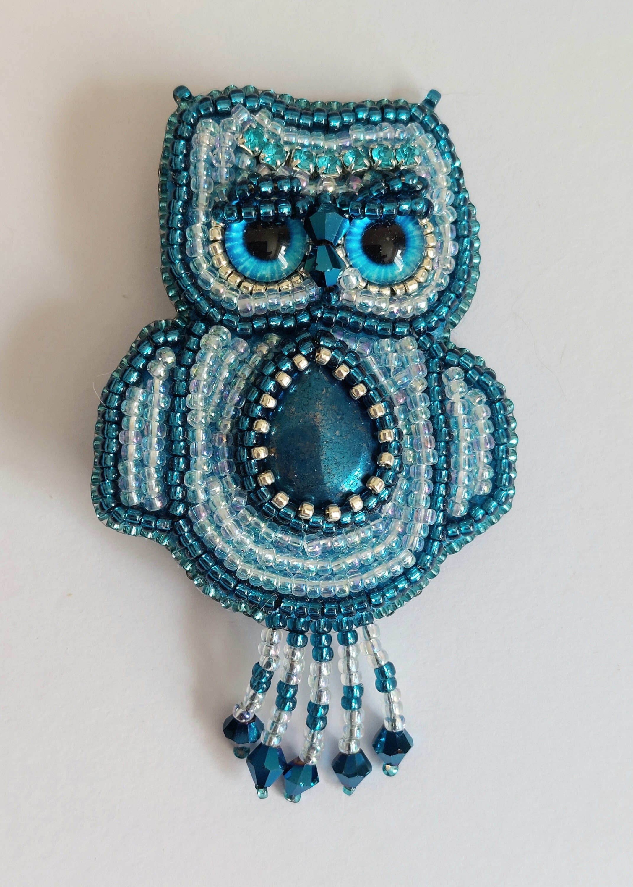 Bead Embroidered Owl Brooch: Blue Hematite, Crystal Bird Pin