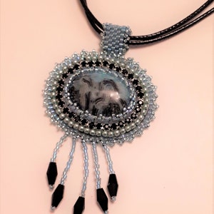 Bracelet, Fringed Bead embroidered Cabochon pendant on leather type cord necklace, hand crafted by myself