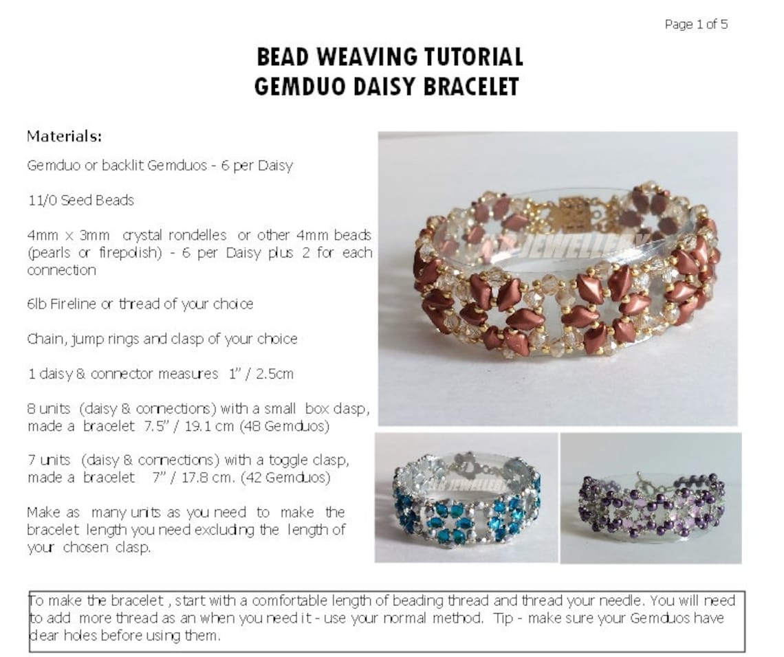 Bead Weaving Tutorial - Gemduo Daisy Bracelet - PDF Download to Make ...