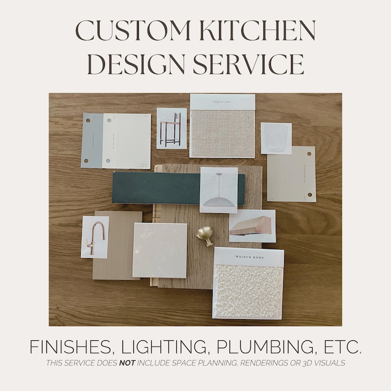 Może przedstawiać: Tablica inspiracji do projektu kuchni. Tablica zawiera pr&oacute;bki farb, płytek, drewna, tkanin i okuć. Tekst na tablicy brzmi "CUSTOM KITCHEN DESIGN SERVICE" i "FINISHES, LIGHTING, PLUMBING, ETC. THIS SERVICE DOES NOT INCLUDE SPACE PLANNING, RENDERINGS OR 3D VISUALS".