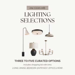 May include: An image showcasing various lighting fixtures, including a floor lamp, a flush mount ceiling light, a pendant light, a table lamp, and a chandelier. Text reads "LIGHTING SELECTIONS" and "THREE TO FIVE CURATED OPTIONS".