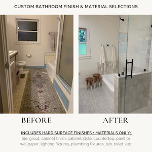 May include: Before and after photographs of a bathroom renovation. The before image shows a bathroom with a patterned rug, a blue and white tiled floor, and a white bath. The after image shows a bathroom with a white tiled floor, a white bath, and a glass shower enclosure.
