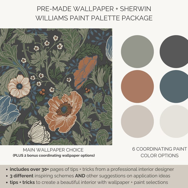 Sherwin Williams Farbpalette | Blumentapete | Hausfarbenpalette | Innenfarben | Blaue Tapete | Malfarben für Zuhause