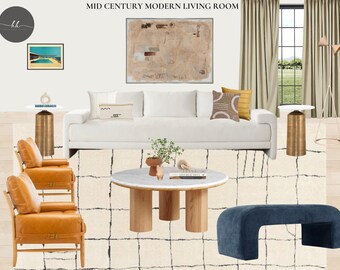 Mid-Century Modern Living Room Furniture | Virtual Interior Design Services | Room Design Package | Furniture Mood Board