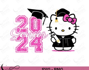 Hello Kittys Glitter Graduation Svg Files for Cricut Class of 2024 Senior Faux Sequin Png Preppy y2k Shirts Hoodie Sublimation POD