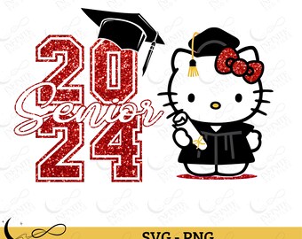 Hello Kittys Glitter Graduation Svg Files for Cricut Class of 2024 Senior Faux Sequin Png Preppy y2k Shirts Hoodie Sublimation POD