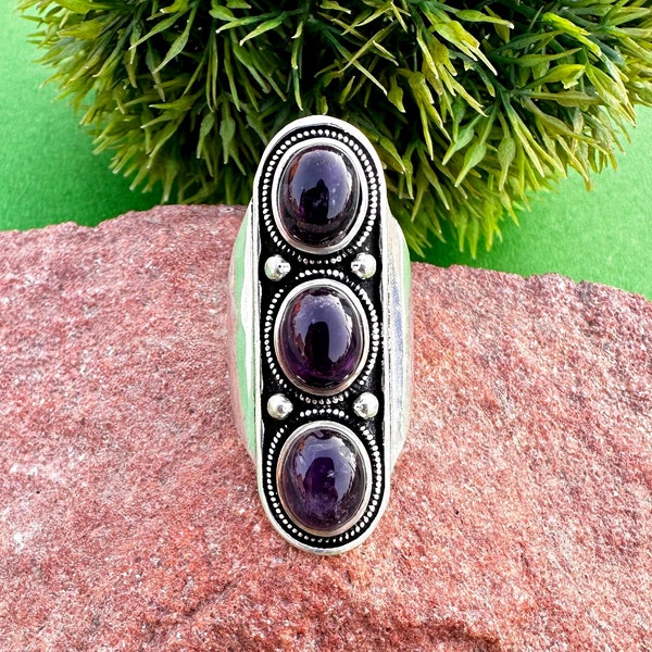 Vintage Brass ring, Tri Stone Ring in Silver color, Amethyst Stone, Oxidized ring, Brass Natural Finish, Ethnic Boho Ring, Gift for Her