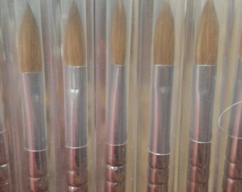 May include: A set of eight round-tipped paint brushes with brown wooden handles and silver metal ferrules. The brushes are packaged in clear plastic tubes.