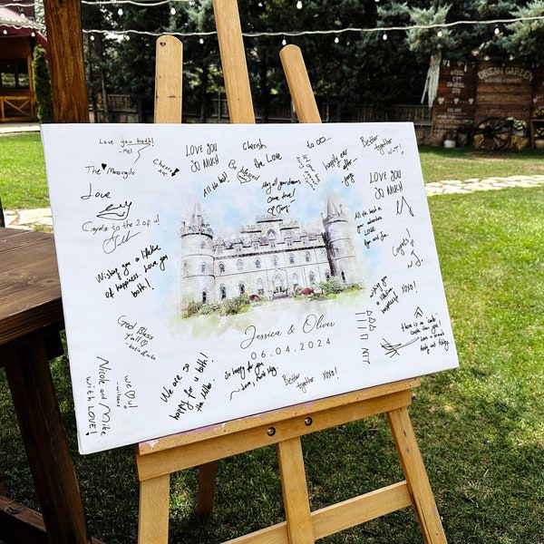 Wedding Guest Book Alternative, Alternative Guest Book Wedding Venue Watercolor Art - Sign Canvas Wrap