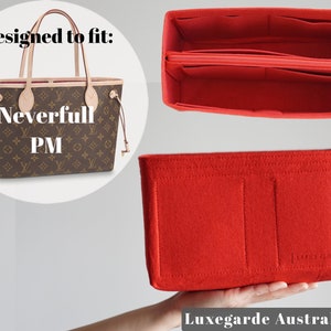 May include: Red felt bag organizer designed to fit a Louis Vuitton Neverfull PM handbag. The organizer has multiple compartments and a zippered pocket.