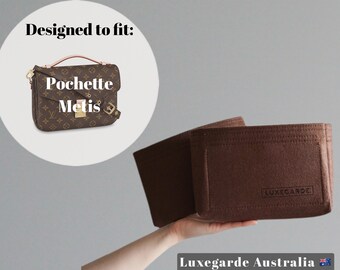 May include: Brown felt bag insert designed to fit a Louis Vuitton Pochette Metis handbag. The insert has the text "Luxegard" printed on it.