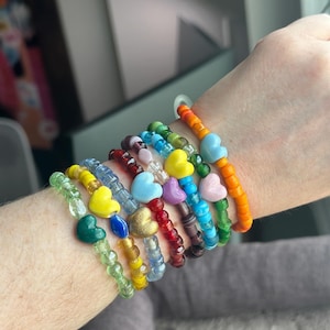 Multicolor Ceramic Heart Rainbow Glass Pony Bead Stretch Bracelets Colorful