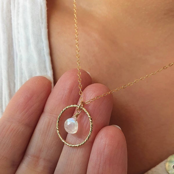 Collier en Pierre de Lune naturelle en Or Gold Filled 14 carats, Bijou fait main idéal cadeau d'anniversaire femme, bijoux mariage