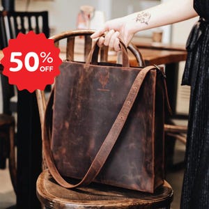 Leather Tote Bag – Large Zippered Shoulder Bag | Handmade Laptop Work Bag with Adjustable Strap | Genuine Leather Unisex Tote