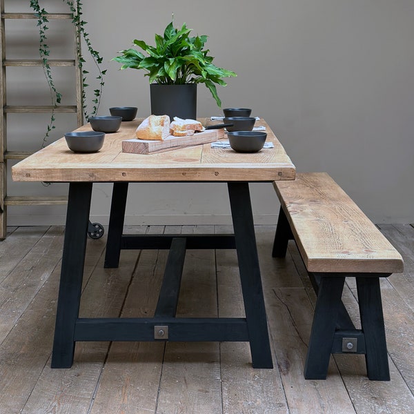 Trestle Dining Table in Rustic Weathered Planks made from Solid Wood with a Painted Base