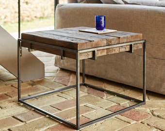 Side Table , Rustic Wood , Industrial , Brushed Steel Metal Base