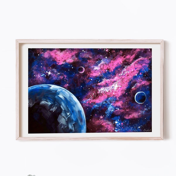 Deep Space, Galaxy and Planets Painting, Space Art Print, Interstellar Star Dust, Wall Print Art, A3, A4, A5