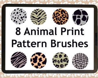 May include: A digital tablet screen displaying eight animal print pattern brushes. The patterns include zebra, leopard, cheetah, dalmatian, snake, and crocodile.