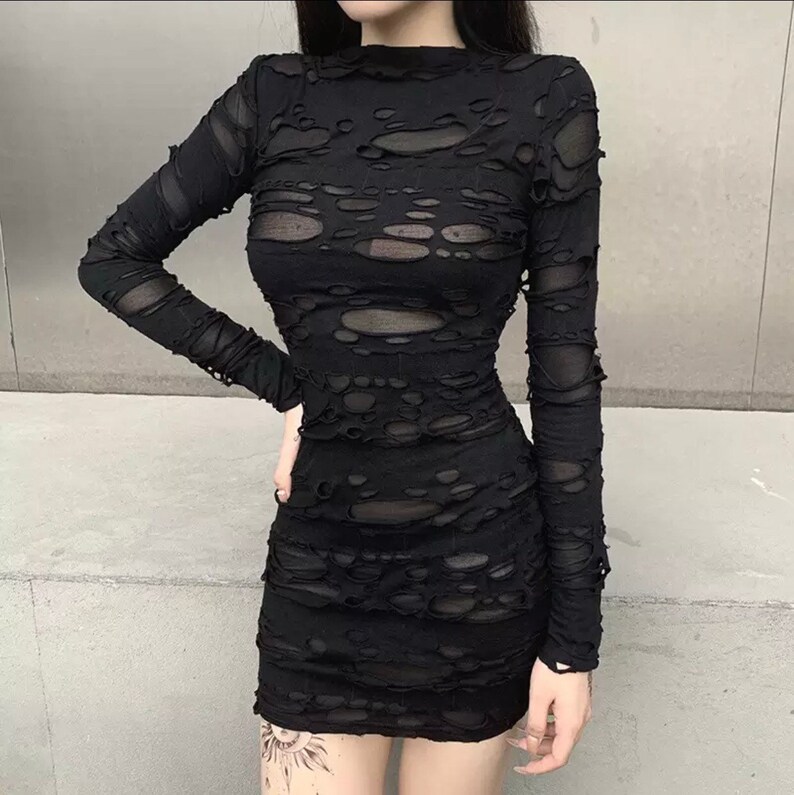 New Ranking TOP17 Gothic Black Mini Dress Streetwear Rock Hollow Punk Fixed price for sale Hi Retro