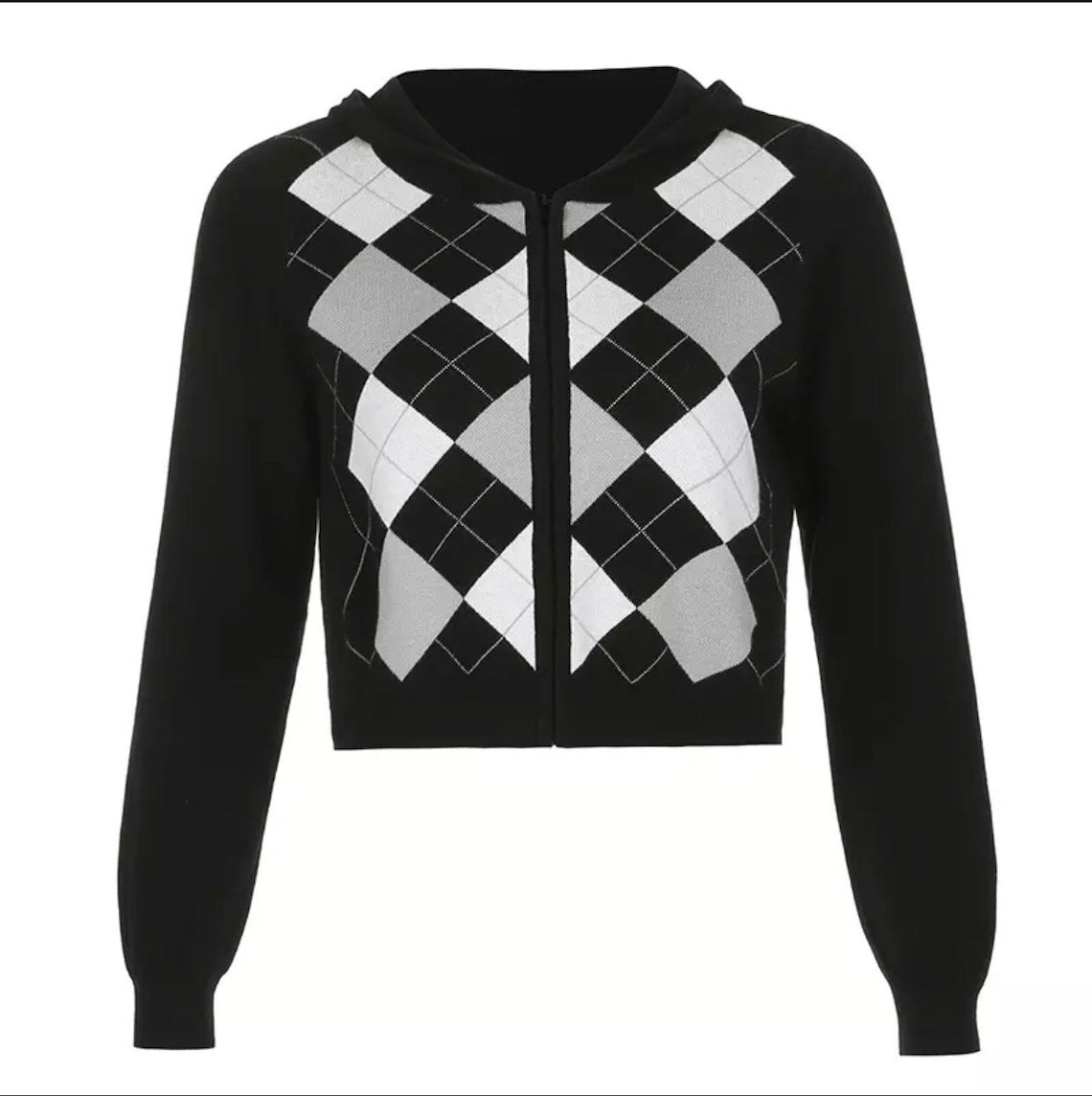 Plaid Hooded Cardigan Cardigan Y2K Crop Knitwear Tops | Etsy