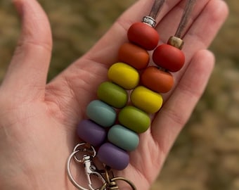 Handmade Polymer Clay Teacher Lanyard, Muted Rainbow Beaded Badge Holder