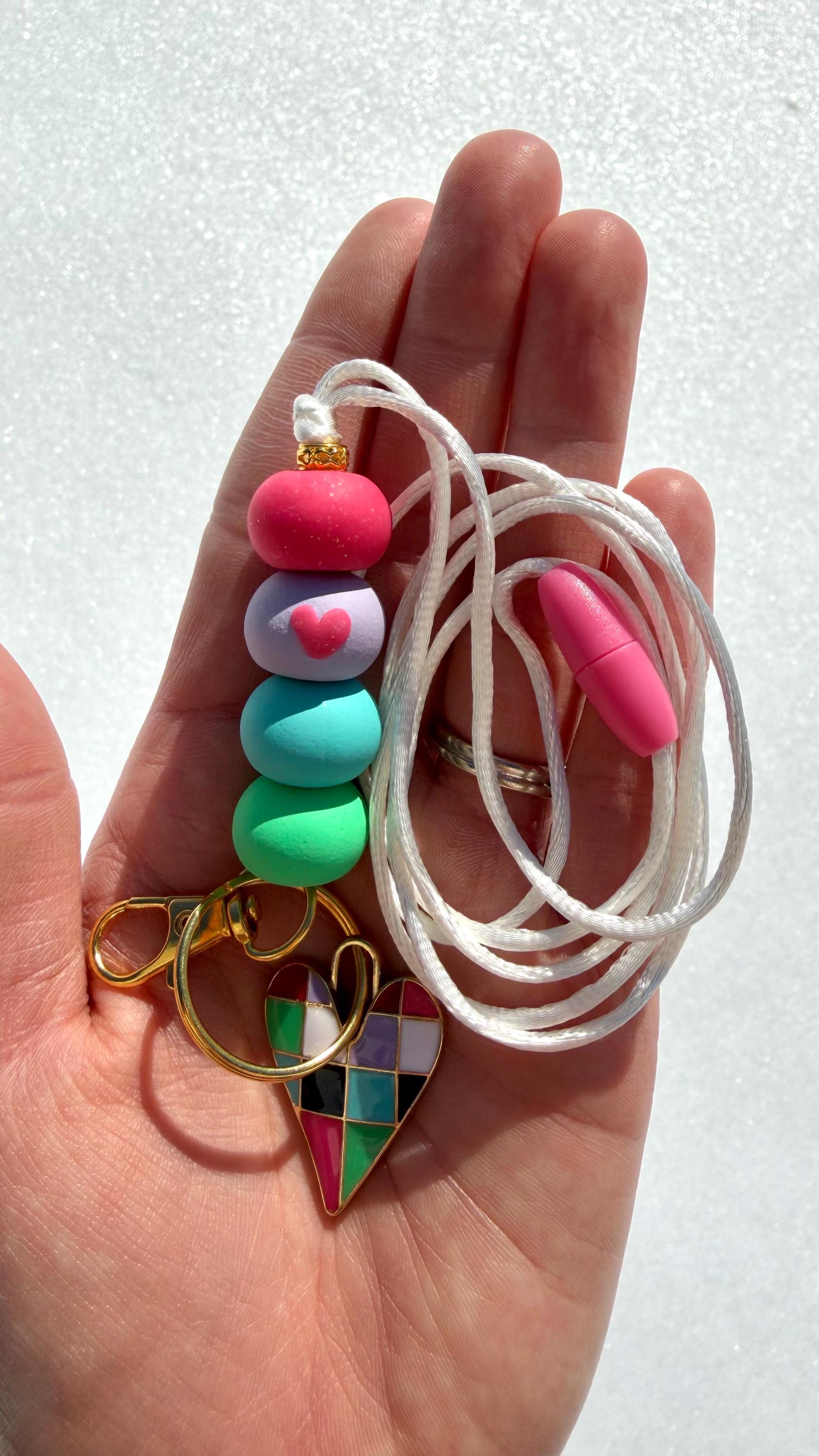 Beaded Teacher Lanyard – Handmade Polymer Clay Valentine ID Badge