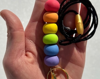 Rainbow Polymer Clay Lanyard – Beaded Teacher ID Badge Holder