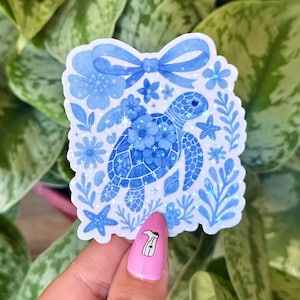 Adesivo olografico impermeabile a forma di tartaruga marina, adesivi per la salute mentale, arte disegnata a mano, regali per migliori amici, positività, estate, bambino dell'oceano, spiaggia