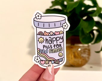 Gelukkige pillen voor droevige tijden waterdichte sticker, stickers geestelijke gezondheid, zelfliefde geschenken, handgetekende kunst, zelfzorg, therapiekikker
