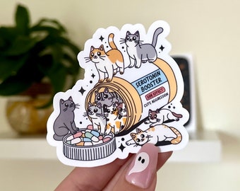 Serotonin Booster *Cats* Cute Aggression Waterproof Sticker, Mental Health Stickers, Self Love Gifts, Handdrawn Art, Self Care