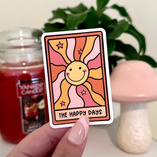 Die glücklichen Tage Tarot-Karte wasserdichter Aufkleber, Groovy-Aufkleber, Selbstpflege, Selbstliebe-Aufkleber, Geschenke der psychischen Gesundheit, trendiger Aufkleber