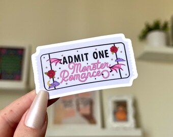 Vattentätt klistermärke med romantik "Admit One Monster", bokklistermärken, presenter till läsare, bokälskare, BookTok, bokklubb