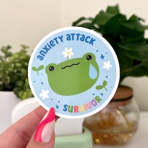 Anxiety Attack Survivor Waterproof Sticker, Mental Health Stickers, Self Love Gifts, Handdrawn Art, Self Care, Therapy Frog