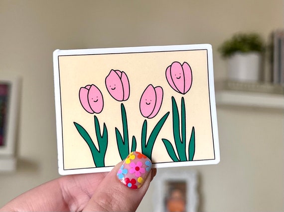 Happy Pink Tulips Waterproof Sticker: Handdrawn Art