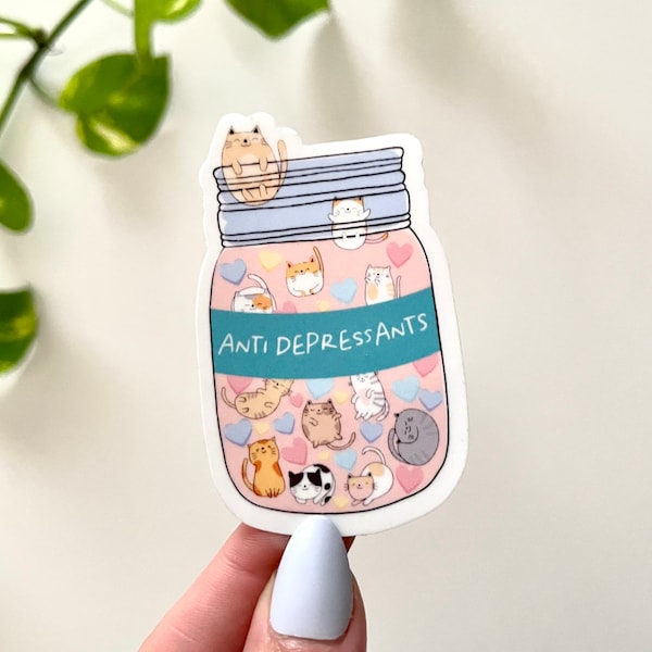 Anti Depressant Cat Cup Waterproof Sticker - Laptop Decals - Waterbottle Stickers - Tumbler Decal - Cat Mom Stickers, Cat Gifts