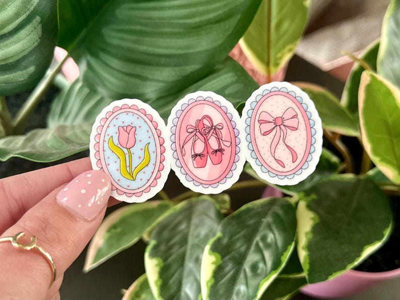 Peut inclure: Trois autocollants ovales avec des bordures roses et bleues. Les autocollants pr&eacute;sentent des illustrations d'une tulipe rose, d'une paire de chaussons de ballet roses et d'un n&oelig;ud rose.