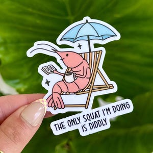 Può includere: Un personaggio di cartone animato di gambero rosa seduto su una sedia da spiaggia sotto un ombrello blu, legge un libro e tiene una tazza di caffè. Il testo sotto dice "The only squat I'm doing is diddly."