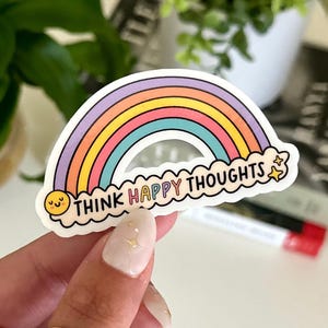 Denken Sie glückliche Gedanken wasserdichter Aufkleber, Aufkleber für psychische Gesundheit, handgezeichnete Kunst, Geschenke für den besten Freund, Positivität