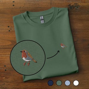 Euraziatisch roodborstje geborduurd T-shirt: minimalistisch T-shirt met vogelnatuur