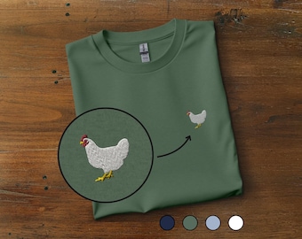 Chicken Embroidered T-Shirt:  Unisex Cotton Crewneck, Minimalist Bird Tee