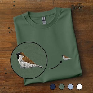 Haussperling-Stickerei-T-Shirt: Unisex-Baumwoll-Rundhalsausschnitt, minimalistisches Vogel-T-Shirt