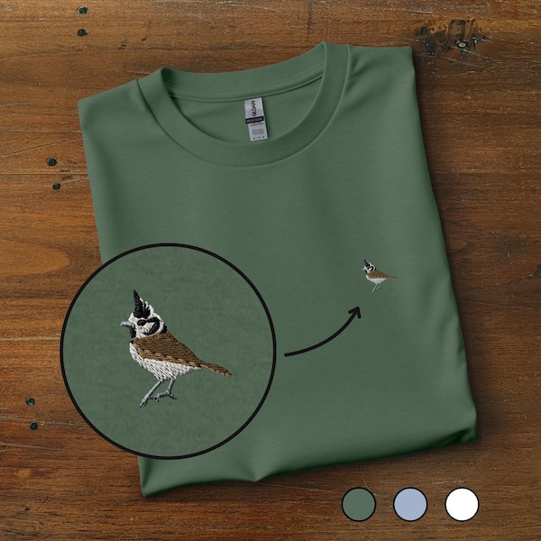 Koszulka z haftem „Crested Tit”: unisex, bawełniana, z okrągłym dekoltem, minimalistyczna koszulka z motywem ptaka