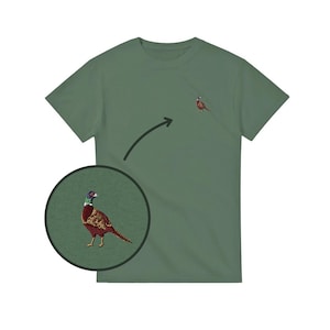 Common Pheasant Embroidered T-Shirt: Unisex Cotton Crewneck, Minimalist Bird Tee