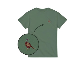 Camiseta bordada con faisán común: cuello redondo unisex de algodón, camiseta minimalista con diseño de pájaro