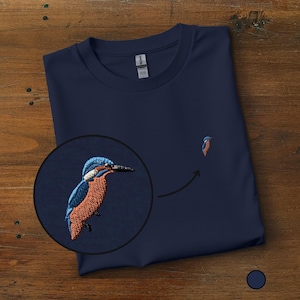 Eisvogel besticktes T-Shirt: Unisex-Baumwoll-Rundhalsausschnitt, minimalistisches Vogel-T-Shirt