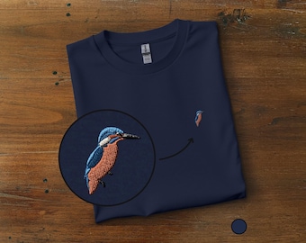 Camiseta bordada con martín pescador: cuello redondo unisex de algodón, camiseta minimalista con diseño de pájaro
