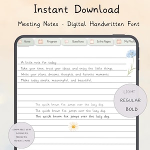 以下が含まれることがあります： タブレット画面に表示された「Meeting Notes」というデジタル手書きフォント。インターフェースには罫線入りの紙が表示され、ライト、レギュラー、ボールドの太さのテキストサンプルと、Home、Program、Questions、Extra Pages、My Photosのタブが含まれています。